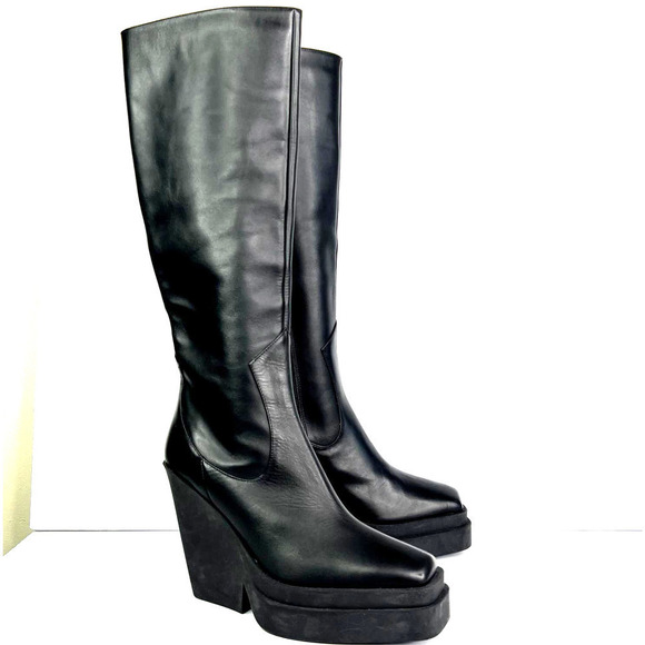 Gia Borghini Texan Knee High Western Boot Black Leather Platform Wedge Heel - Picture 2 of 9